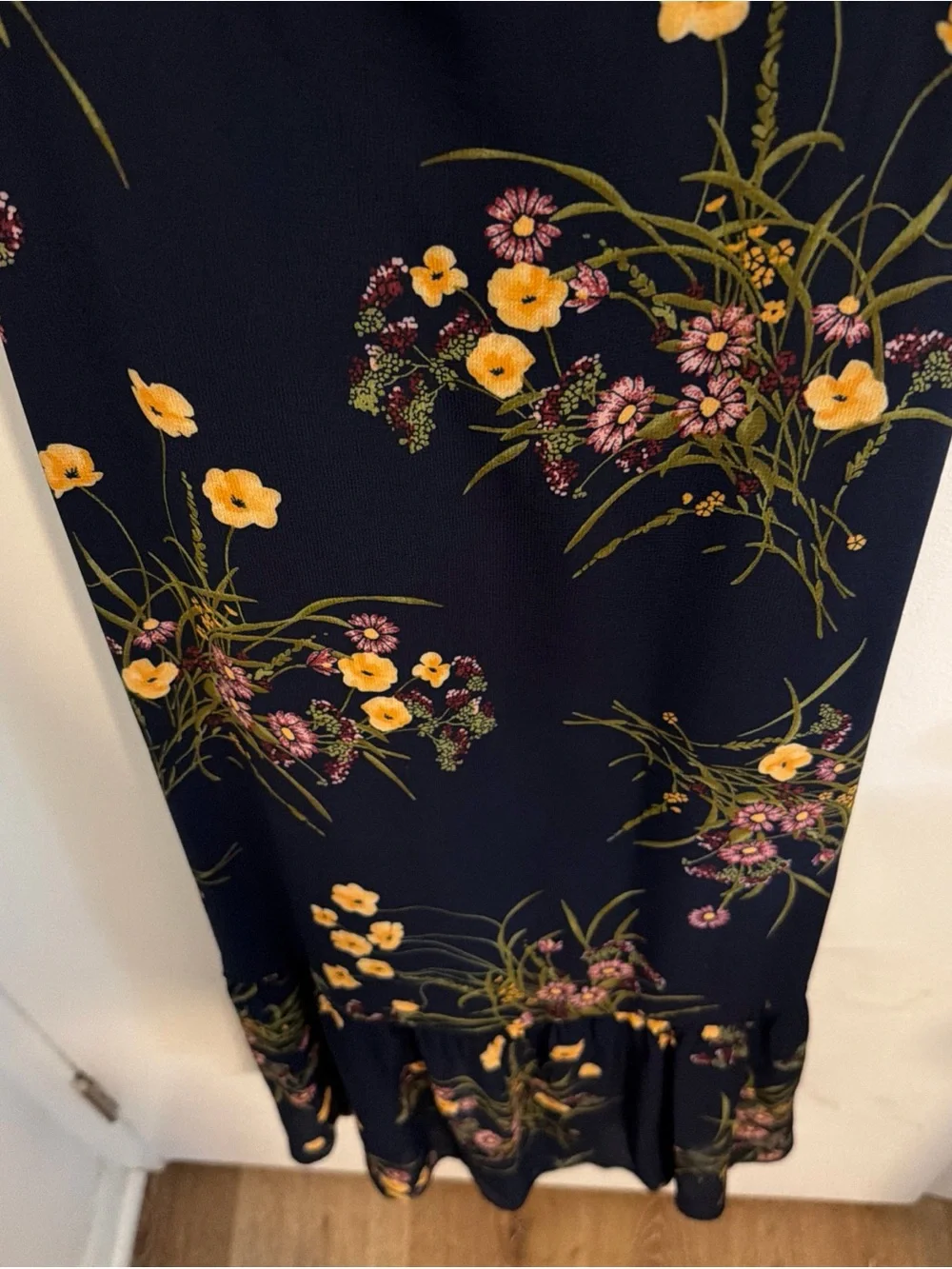 Reformation Navy Floral Tie-Shoulder Maxi Dress with Yellow Blooms